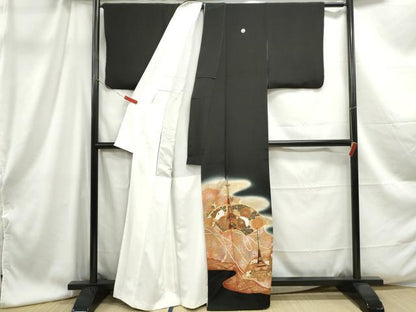 平和屋着物■豪華黒留袖 駒刺繍 地紙舞花文 暈し染め 金銀彩 正絹 逸品 DABC0990qa