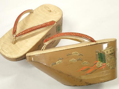 平和屋着物[]子供 女の子 ぽっくり下駄 畳表 御所車松文 金蒔絵 19.5cm 逸品 DABC1077zzz