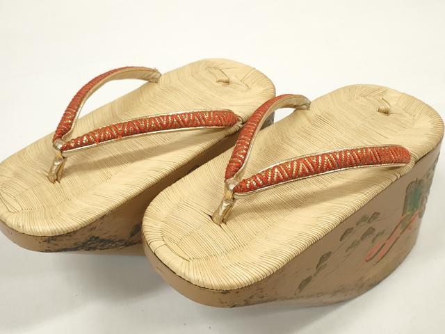 平和屋着物[]子供　女の子　ぽっくり下駄　畳表　御所車松文　金蒔絵　19.5cm　逸品　DABC1077zzz