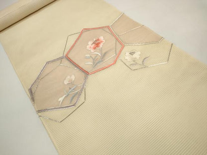 平和屋着物＊夏物 西陣 一秀織物 名古屋帯 帯反物 駒刺繍 総刺繍 亀甲花文 銀糸 証紙付き 逸品 未使用 DABC1147zzz