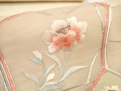 平和屋着物＊夏物 西陣 一秀織物 名古屋帯 帯反物 駒刺繍 総刺繍 亀甲花文 銀糸 証紙付き 逸品 未使用 DABC1147zzz