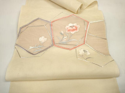 平和屋着物＊夏物 西陣 一秀織物 名古屋帯 帯反物 駒刺繍 総刺繍 亀甲花文 銀糸 証紙付き 逸品 未使用 DABC1147zzz
