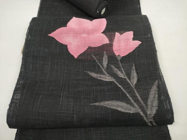 平和屋着物＊夏物 西陣 名古屋帯 帯反物 桔梗 黒地 証紙付き 麻絹 逸品 未使用 DABC1151zzz