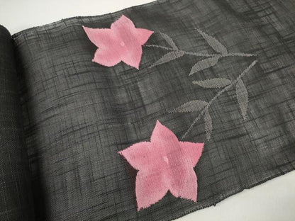 平和屋着物＊夏物 西陣 名古屋帯 帯反物 桔梗 黒地 証紙付き 麻絹 逸品 未使用 DABC1151zzz