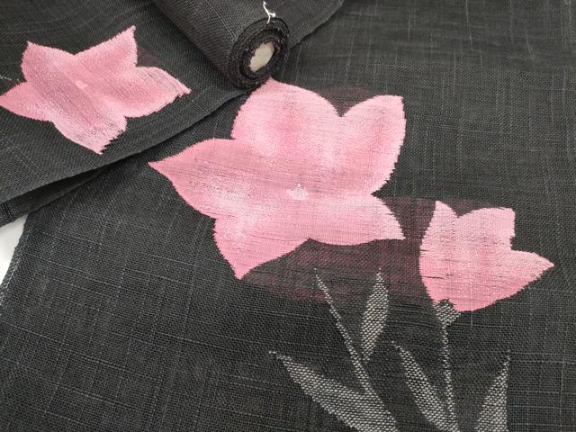 平和屋着物＊夏物 西陣 名古屋帯 帯反物 桔梗 黒地 証紙付き 麻絹 逸品 未使用 DABC1151zzz
