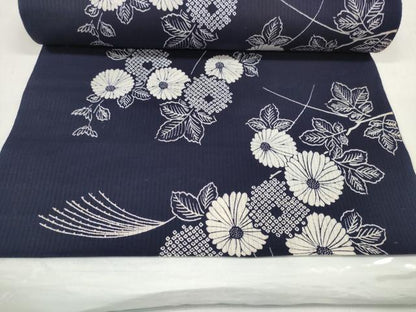 平和屋着物＊夏物 浴衣 反物 着尺 縦絽 菊 紺地 綿 逸品 未使用 DABC1164zzz