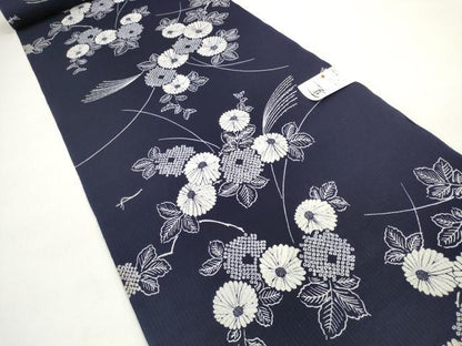 平和屋着物＊夏物 浴衣 反物 着尺 縦絽 菊 紺地 綿 逸品 未使用 DABC1164zzz