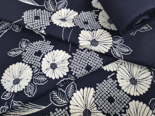 平和屋着物＊夏物 浴衣 反物 着尺 縦絽 菊 紺地 綿 逸品 未使用 DABC1164zzz