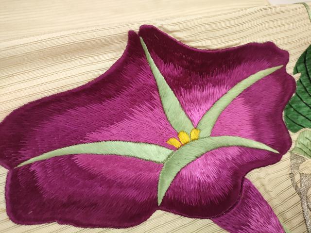 平和屋着物＊夏物 アンティーク 大正ロマン 名古屋帯 帯反物 総刺繍 朝顔 アサガオ 銀糸 逸品 未使用 DABC1233zzz
