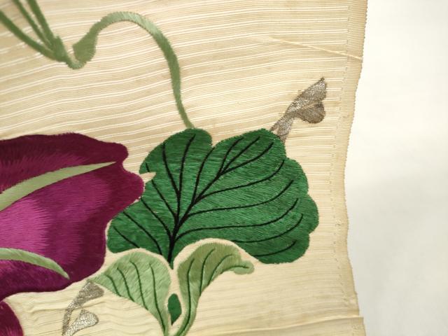 平和屋着物＊夏物 アンティーク 大正ロマン 名古屋帯 帯反物 総刺繍 朝顔 アサガオ 銀糸 逸品 未使用 DABC1233zzz