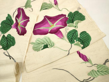平和屋着物＊夏物 アンティーク 大正ロマン 名古屋帯 帯反物 総刺繍 朝顔 アサガオ 銀糸 逸品 未使用 DABC1233zzz