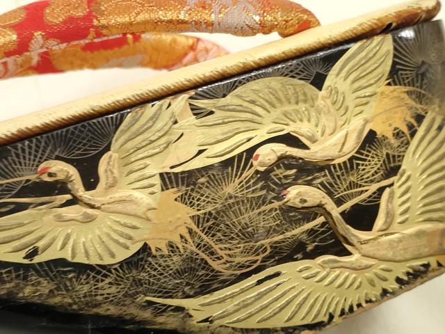 平和屋着物[]和装小物　子供　ぽっくり下駄　こっぽり・おこぼ下駄　畳表　金蒔絵　群れ鶴松文　箱付き　逸品　DABC1279zzz
