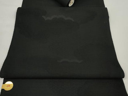 平和屋着物＊夏物 西陣 田中義織物謹製 名古屋帯 帯反物 黒反物 黒共帯 雲重ね吉祥地紋 証紙付き 逸品 未使用 DABC1350zzz