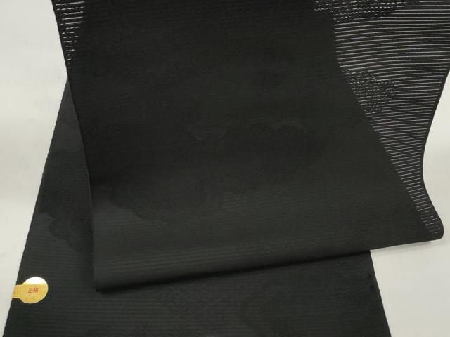 平和屋着物＊夏物 西陣 田中義織物謹製 名古屋帯 帯反物 黒反物 黒共帯 雲重ね吉祥地紋 証紙付き 逸品 未使用 DABC1350zzz