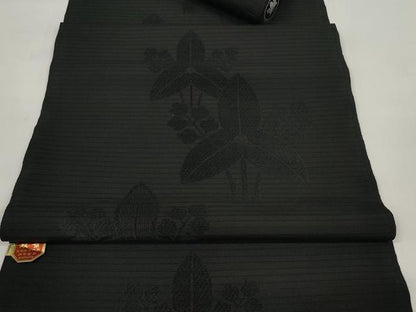 平和屋着物＊夏物 西陣 双葉織物謹製 名古屋帯 帯反物 黒反物 黒共帯 沢瀉地紋 証紙付き 逸品 未使用 DABC1351zzz