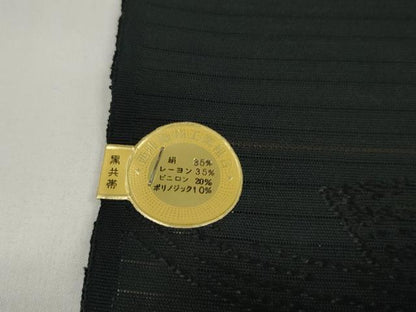 平和屋着物＊夏物 西陣 双葉織物謹製 名古屋帯 帯反物 黒反物 黒共帯 立波花地紋 証紙付き 未使用 DABC1352zzz