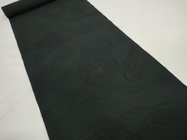 平和屋着物＊夏物 西陣 双葉織物謹製 名古屋帯 帯反物 黒反物 黒共帯 立波花地紋 証紙付き 未使用 DABC1352zzz