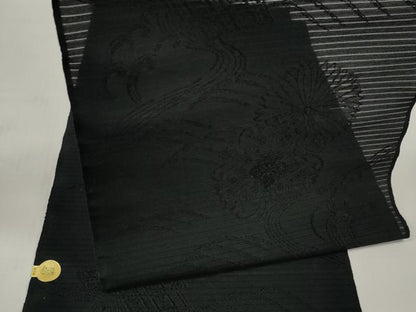 平和屋着物＊夏物 西陣 双葉織物謹製 名古屋帯 帯反物 黒反物 黒共帯 立波花地紋 証紙付き 未使用 DABC1352zzz