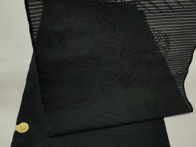 平和屋着物＊夏物 西陣 双葉織物謹製 名古屋帯 帯反物 黒反物 黒共帯 立波花地紋 証紙付き 未使用 DABC1352zzz