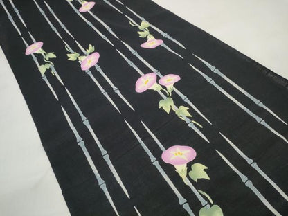 平和屋着物＊夏物 ファッションデザイナー KENZO KIMONO 高田賢三 浴衣 反物 着尺 朝顔 アサガオ 黒地 綿 未使用 DABC1355zzz