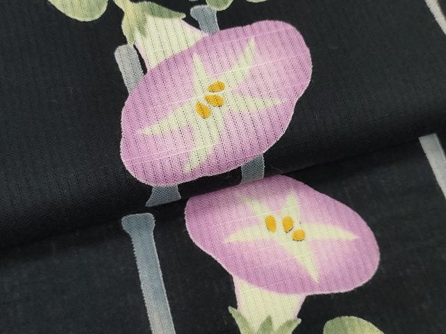 平和屋着物＊夏物 ファッションデザイナー KENZO KIMONO 高田賢三 浴衣 反物 着尺 朝顔 アサガオ 黒地 綿 未使用 DABC1355zzz