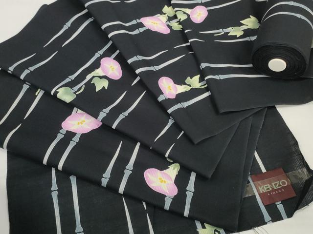 平和屋着物＊夏物 ファッションデザイナー KENZO KIMONO 高田賢三 浴衣 反物 着尺 朝顔 アサガオ 黒地 綿 未使用 DABC1355zzz