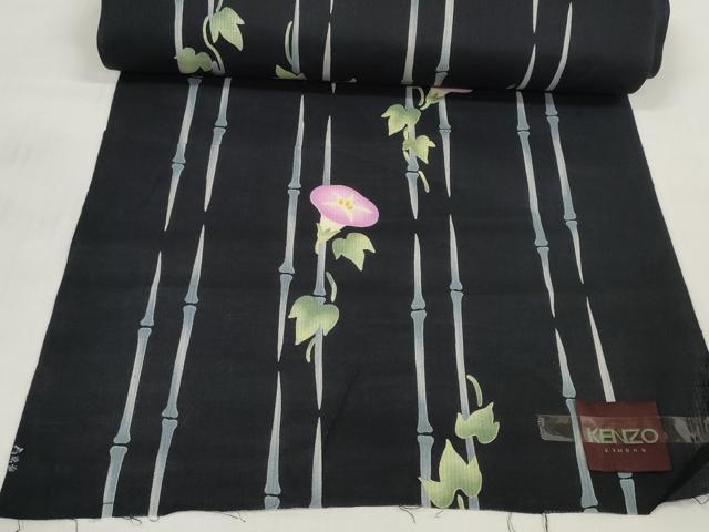 平和屋着物＊夏物 ファッションデザイナー KENZO KIMONO 高田賢三 浴衣 反物 着尺 朝顔 アサガオ 黒地 綿 未使用 DABC1355zzz