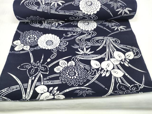 平和屋着物＊夏物 浴衣 反物 着尺 四季の花本染 菖蒲 アヤメ 菊 綿 未使用 DABC1357zzz