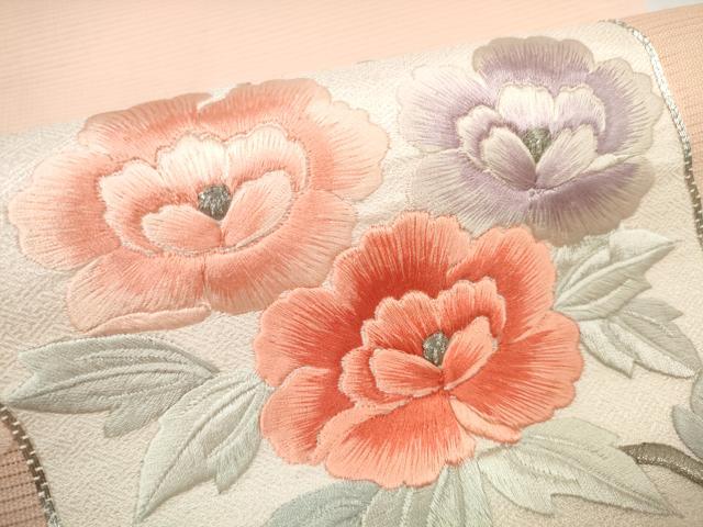 平和屋着物＊夏物 名古屋帯 帯反物 駒刺繍 総刺繍 色紙重ね花文 銀糸 高島屋扱い 逸品 未使用 DABC1367zzz