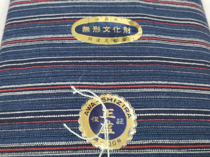 平和屋着物＊夏物 阿波しじら織 浴衣 反物 着尺 正藍 縞 証紙付き 綿 逸品 未使用 DABC1515zzz