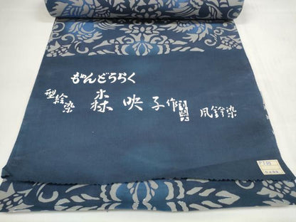 平和屋着物＊夏物　浴衣　反物　着尺　風鈴染　型絵染　洋花文　森映子作　綿　未使用　DABC1525zzz
