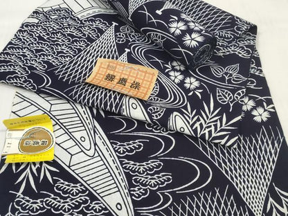 平和屋着物＊夏物　浴衣　反物　着尺　辨慶染　網干舟花文　紺地　綿　未使用　DABC1750zzz