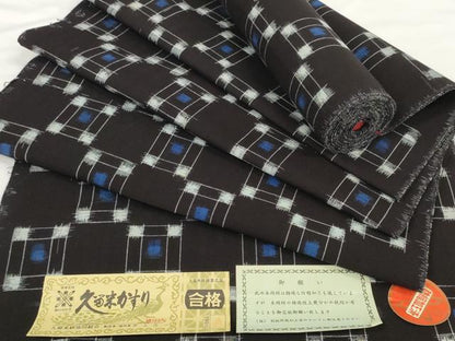 平和屋着物●久留米絣　反物　着尺　市松柄　井上庄一作　証紙付き　綿　逸品　未使用　DABC1876zzz
