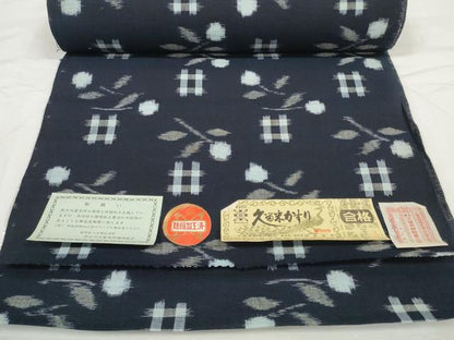 平和屋着物●久留米絣　反物　着尺　井桁絣花文　稲員俊秀作　証紙付き　綿　逸品　未使用　DABC1935zzz