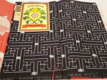 平和屋着物●久留米絣　反物　着尺　秋名バラ柄　井上庄一作　箱・証紙付き　綿　逸品　未使用　DABC1984zzz