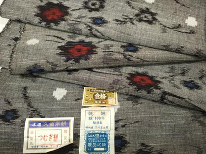 平和屋着物●久留米絣　反物　着尺　つむぎ絣　舞花文　大川富士男作　証紙付き　綿　逸品　未使用　DABC1987zzz