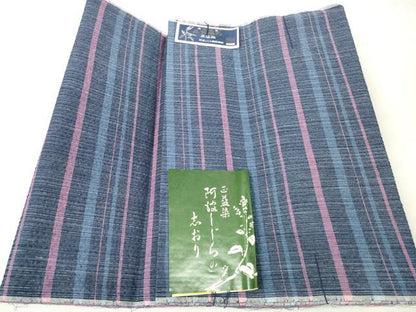 平和屋着物＊夏物 阿波しじら織 浴衣 反物 着尺 正藍染 横縞 証紙付き 綿 逸品 未使用 DABC1995zzz