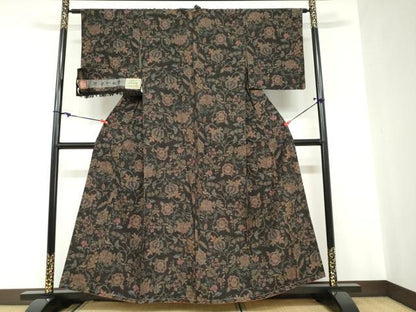 平和屋着物●小千谷紬 まゆつむぎ 更紗花唐草文 証紙付き 背抜き仕立て 正絹 逸品 未使用 DABC2016ud