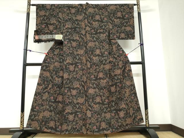 平和屋着物●小千谷紬 まゆつむぎ 更紗花唐草文 証紙付き 背抜き仕立て 正絹 逸品 未使用 DABC2016ud