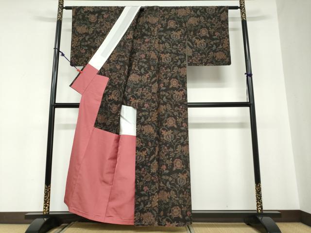 平和屋着物●小千谷紬 まゆつむぎ 更紗花唐草文 証紙付き 背抜き仕立て 正絹 逸品 未使用 DABC2016ud