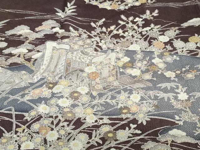 平和屋着物●訪問着 流水源氏車草花文 金彩 鬼しぼ縮緬 正絹 逸品 DABC2019ud