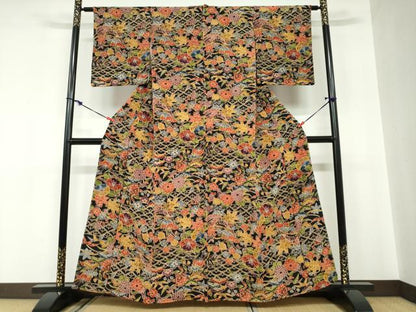 平和屋着物●上質な小紋 型染め 草花文 黒地 正絹 逸品 未使用 DABC2020ud