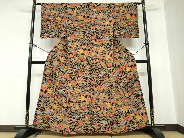 平和屋着物●上質な小紋 型染め 草花文 黒地 正絹 逸品 未使用 DABC2020ud