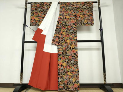 平和屋着物●上質な小紋 型染め 草花文 黒地 正絹 逸品 未使用 DABC2020ud