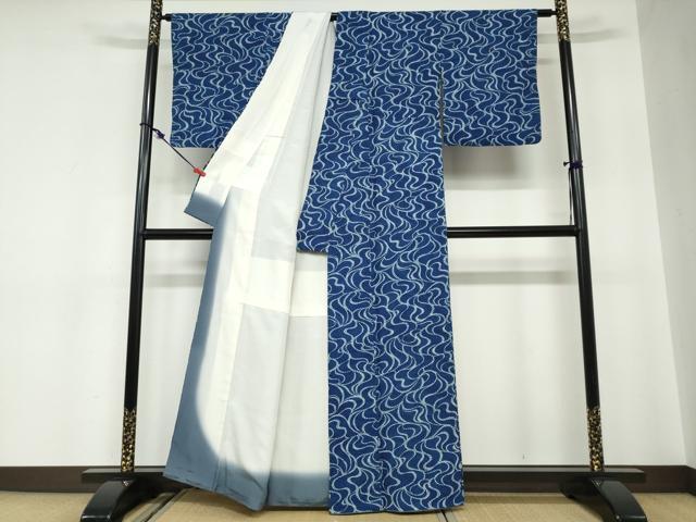 平和屋着物●阿波藍染 阿波友禅 徳島県無形文化財保持者 香川卓美 小紋 阿波藍型染伝統技術 墨流し文 反端付き 正絹 逸品 DABC2026ud