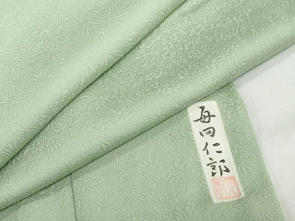平和屋着物●本加賀友禅作家　毎田仁郎監修　色無地　草花地紋　若葉色　正絹　逸品　未使用　DABC2029ud