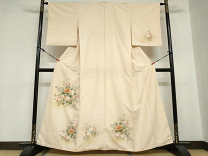 平和屋着物●訪問着　紬地　手描き　草花文　正絹　逸品　DABC2032ud