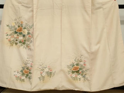 平和屋着物●訪問着　紬地　手描き　草花文　正絹　逸品　DABC2032ud