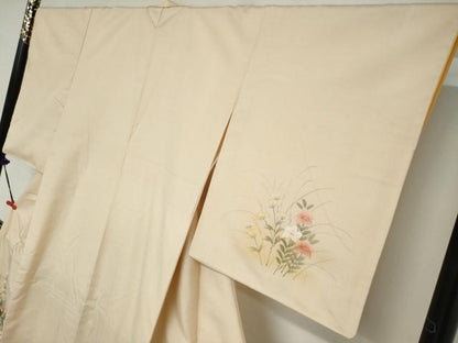 平和屋着物●訪問着　紬地　手描き　草花文　正絹　逸品　DABC2032ud