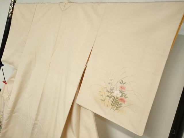 平和屋着物●訪問着　紬地　手描き　草花文　正絹　逸品　DABC2032ud